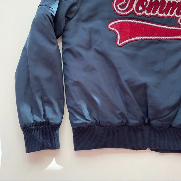 TOMMY HILFIGER Logo-Embroidered Quilted Navy Red Bomber Jacket Down Lining Small - Picture 13 of 16